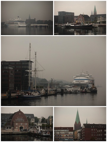 Туманное сентябрьское утро в немецком порту Киль.